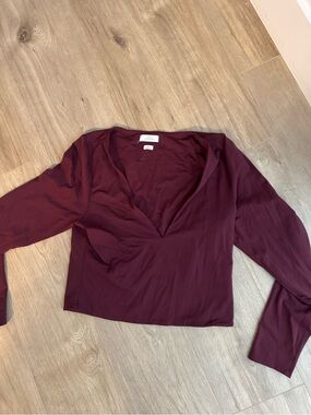 Aritzia Deep Burgundy V-Neck Long Sleeve Blouse contour